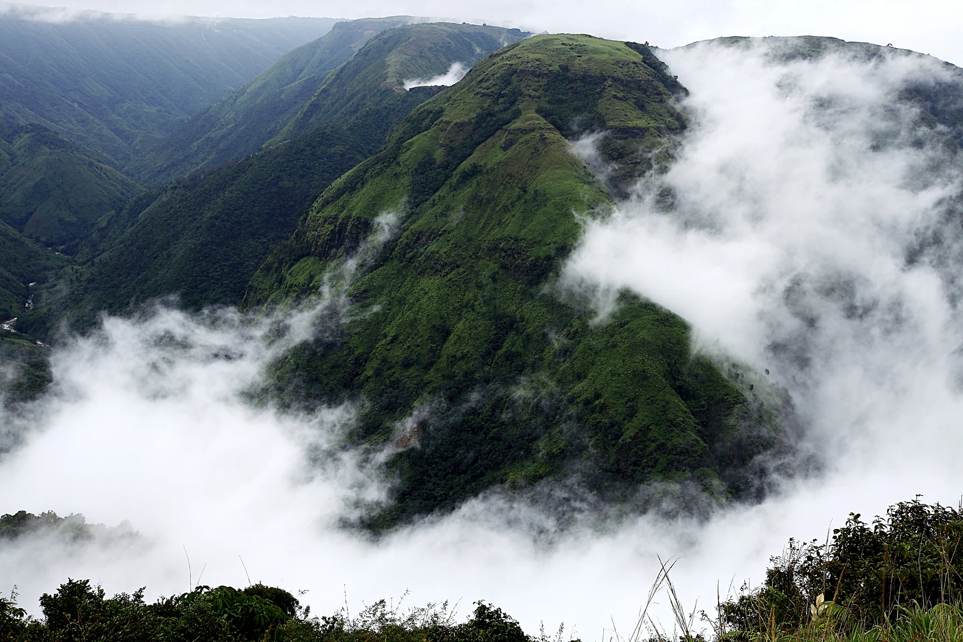 Misty green valleys at Laitmawsiang in Meghalaya
