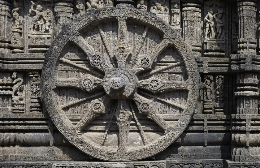 Carved stone wheel at Konark Sun Temple, Odisha