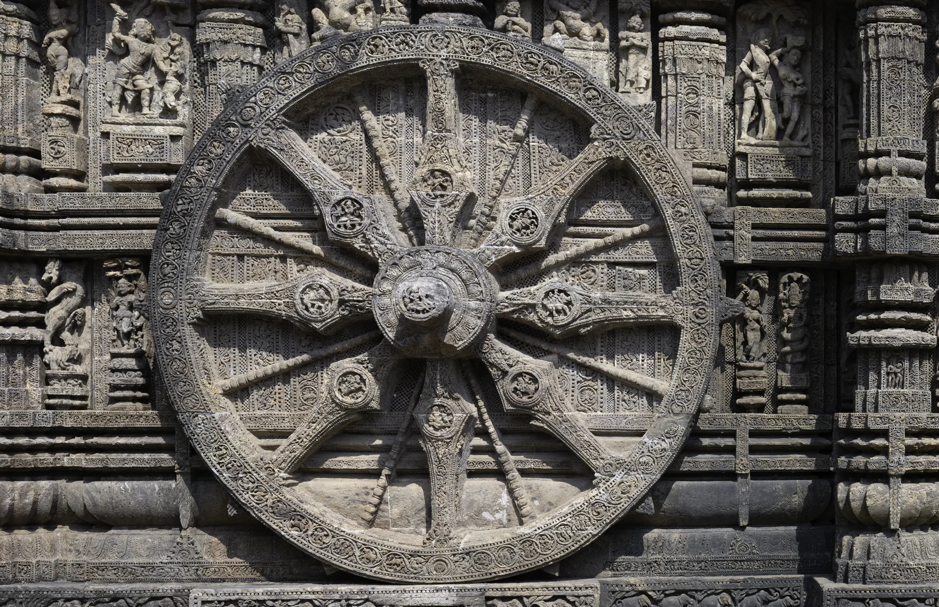 Carved stone wheel at Konark Sun Temple, Odisha